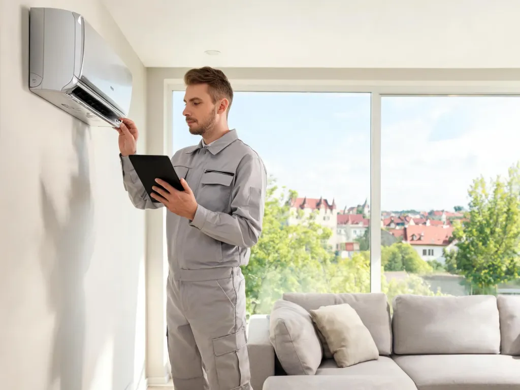 Technik sprawdza klimatyzator w nowoczesnym salonie, korzystając z tabletu, spokojnie oceniając poprawność montażu.