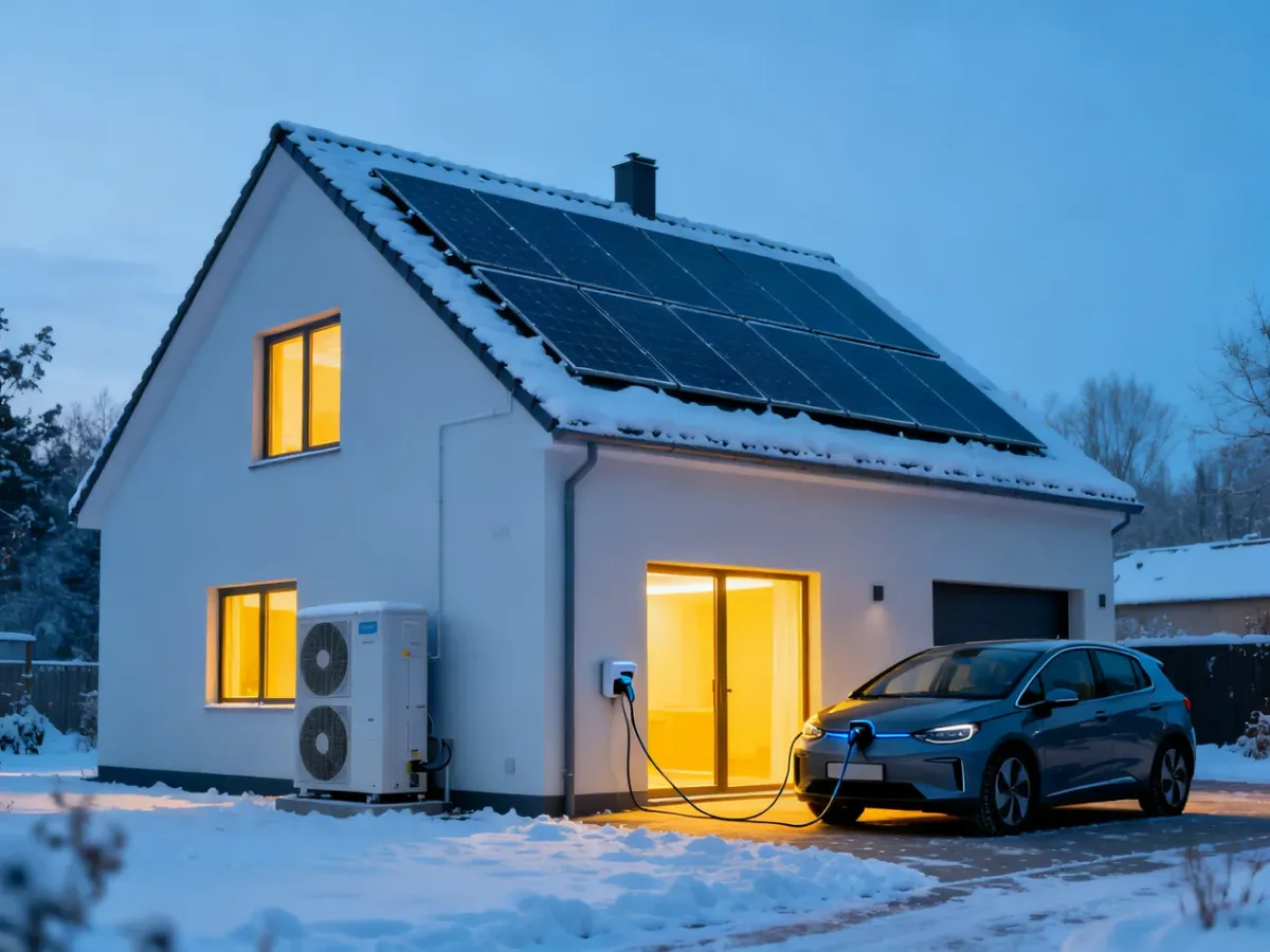 Nowoczesny dom jednorodzinny z pompą ciepła, panelami fotowoltaicznymi i ładowarką samochodu elektrycznego