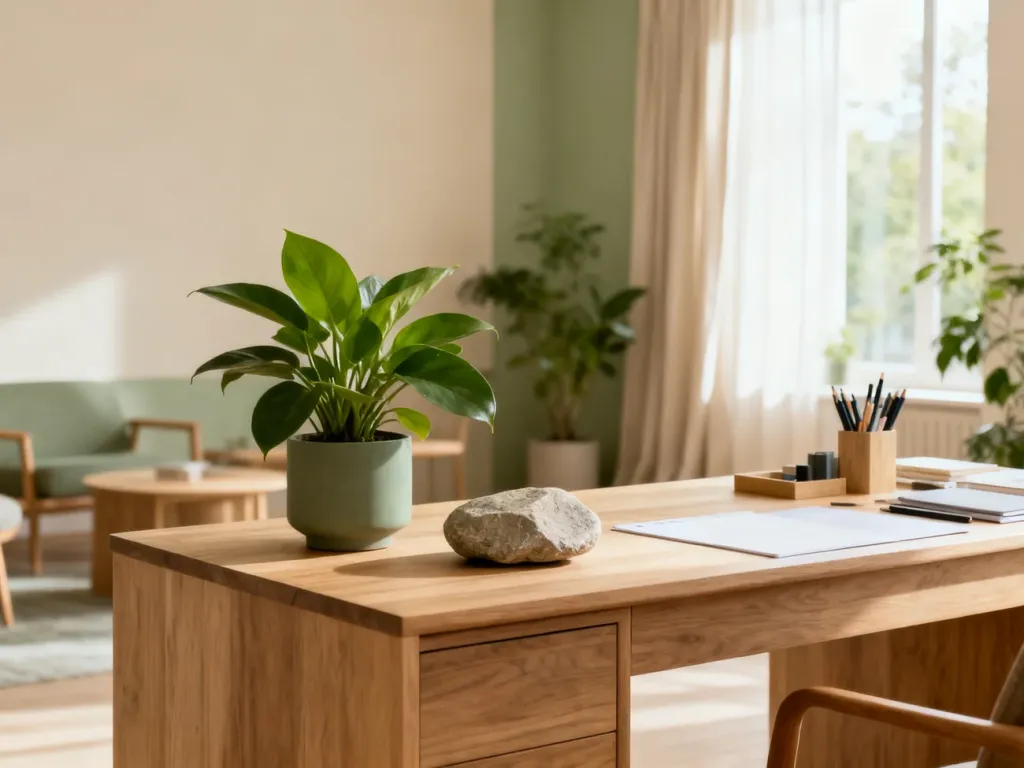 Harmonijne biuro w stylu feng shui z uporządkowanym biurkiem, roślinami i naturalnym światłem sprzyjające skupieniu.