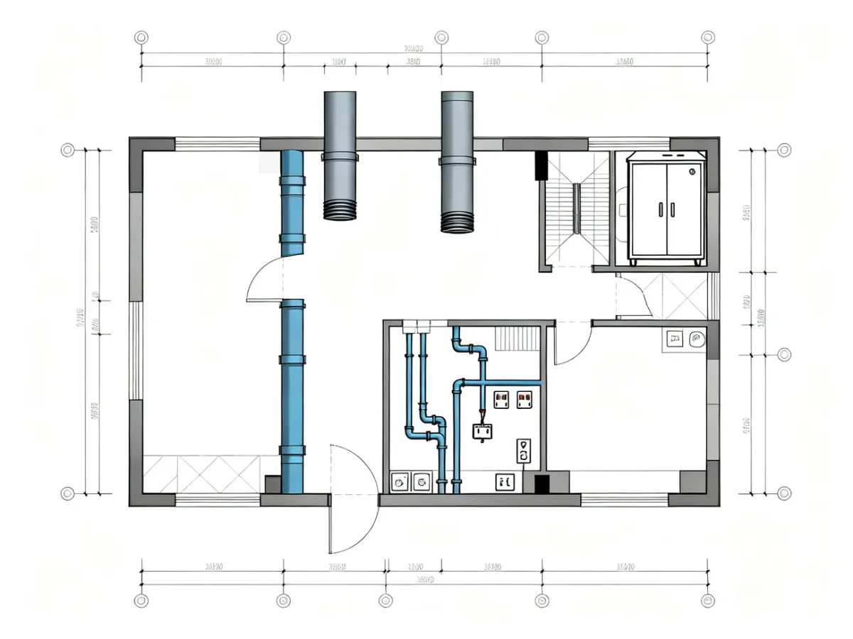 Plan mieszkania z pionami instalacyjnymi i punktami przyłączy
