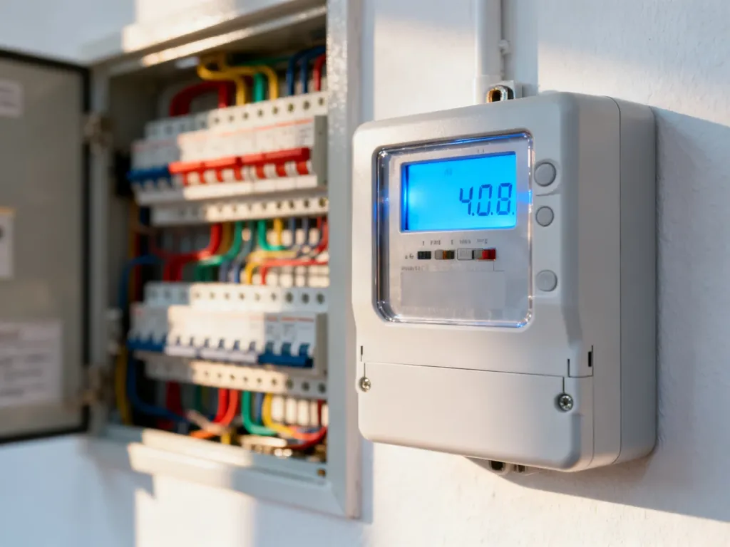 Nowoczesny licznik energii elektrycznej z wyraźnym wyświetlaczem na tle domowej rozdzielnicy z bezpiecznikami.