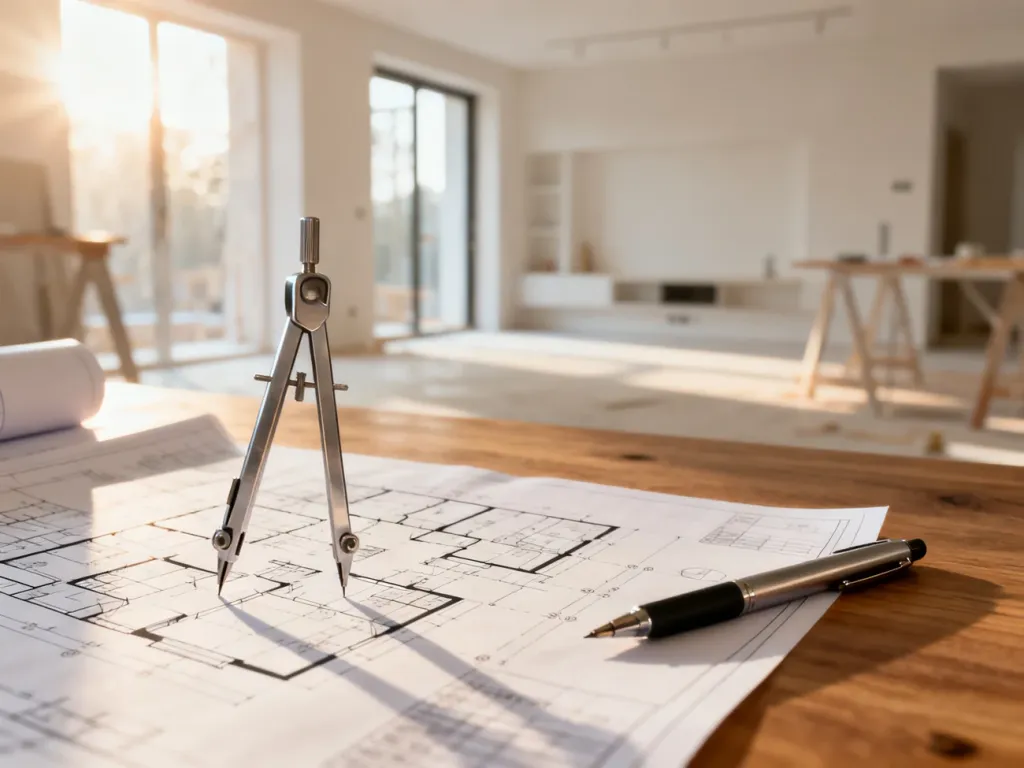 Profesjonalny rzut architektoniczny mieszkania z przyborami kreślarskimi na drewnianym biurku.