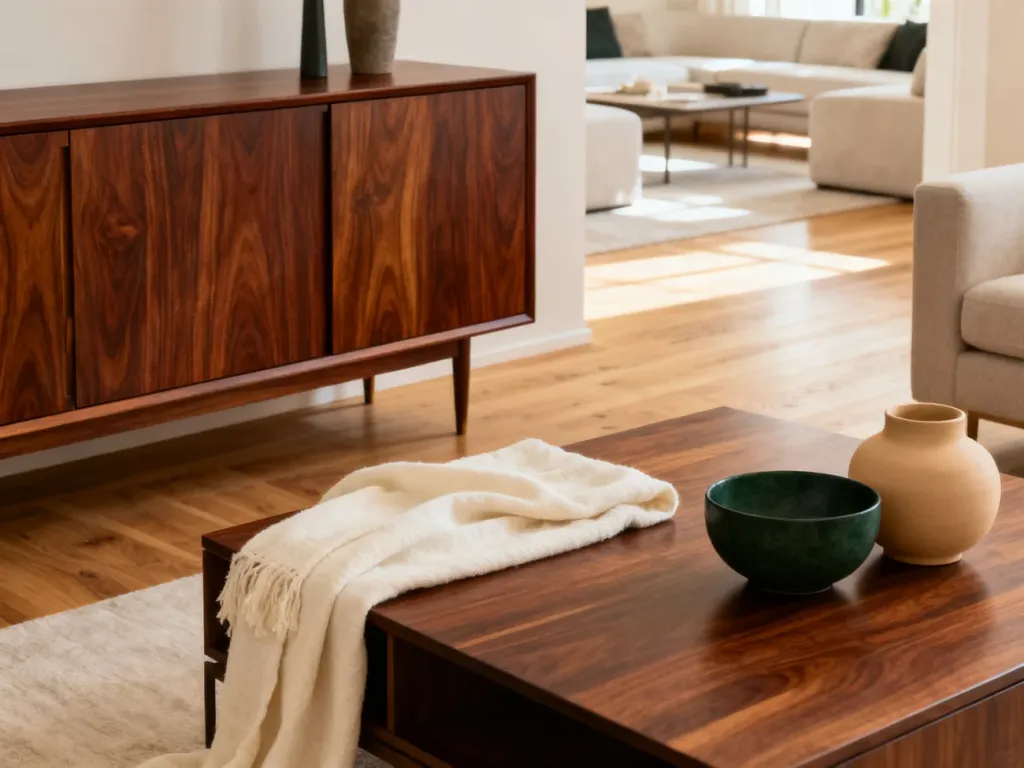 Nowoczesny salon z meblami w kolorze wenge, zestawionymi z kremowymi tkaninami, beżową ceramiką i zielonymi akcentami.