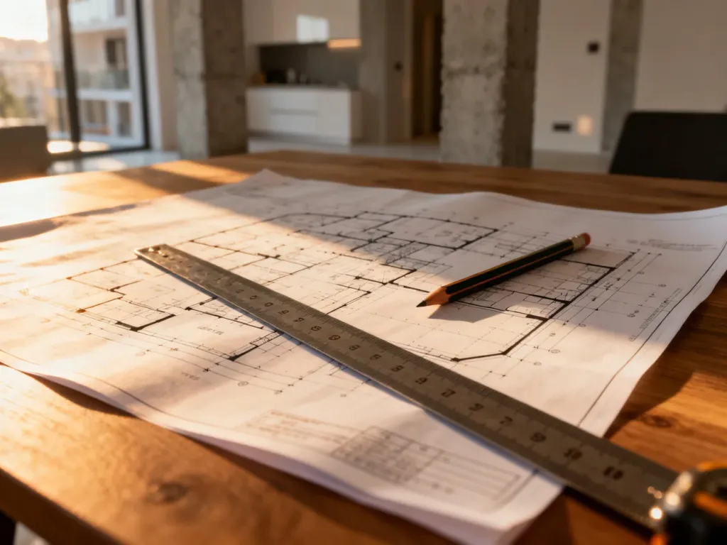 Projekt architektoniczny z miarką i ołówkiem na stole, ilustrujący analizę konstrukcji budynku przed remontem.