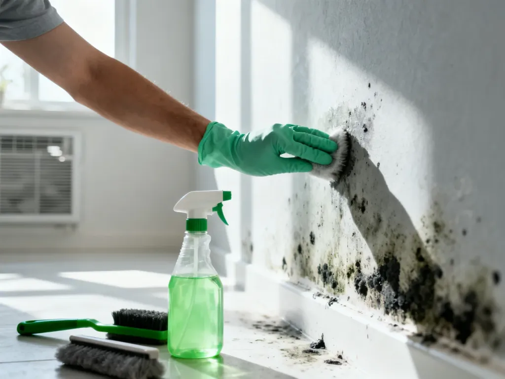 Dłoń w rękawicy nanosi preparat grzybobójczy na ścianę z widocznymi śladami pleśni, przygotowując ją do skutecznego oczyszczenia.