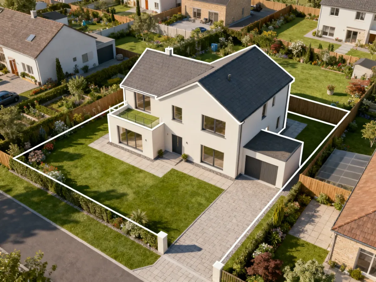 Rzut bryły domu przedstawiony na działce budowlanej