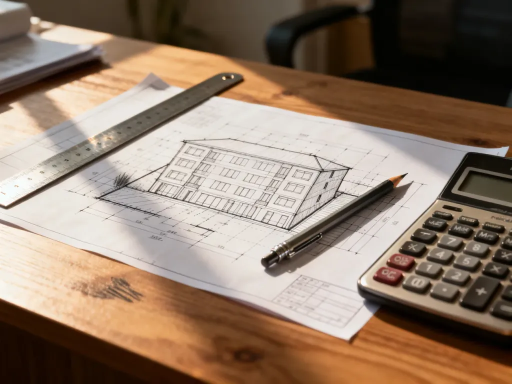 Projekt architektoniczny budynku na drewnianym biurku z przyborami kreślarskimi, ilustrujący wyznaczanie powierzchni zabudowy.