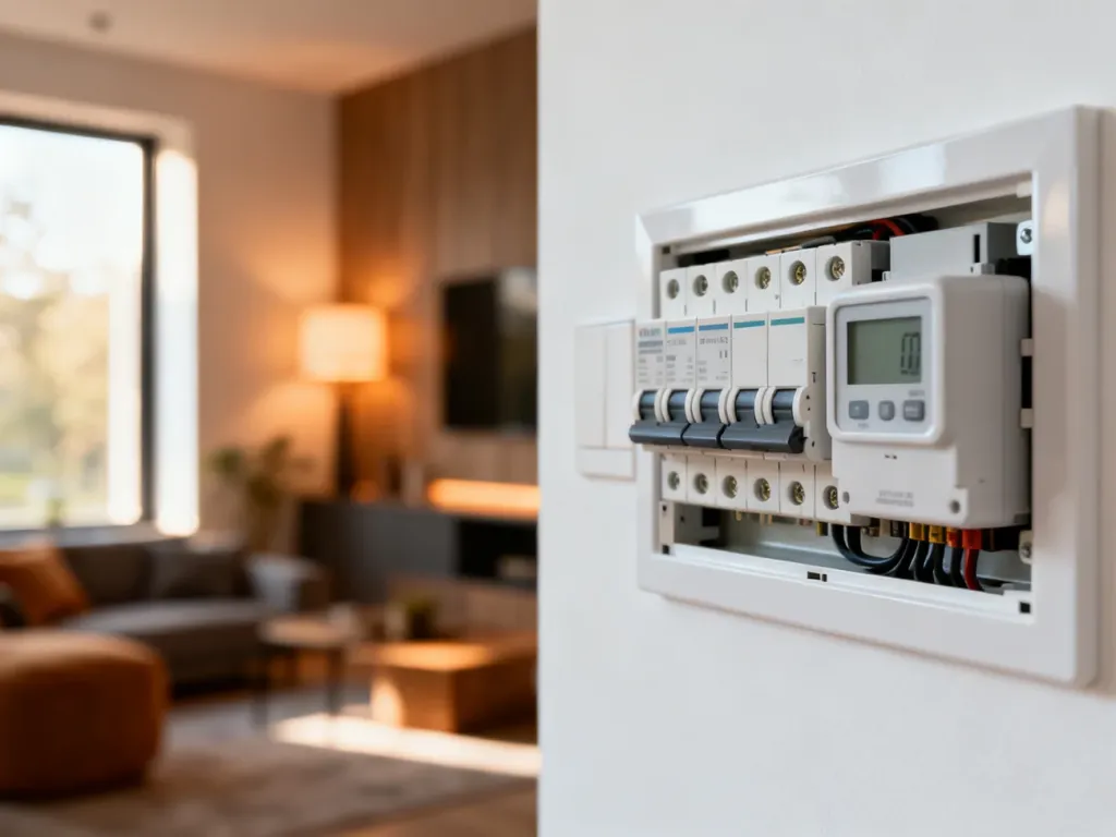 Nowoczesna rozdzielnica elektryczna z wyłącznikami i licznikami energii w domu z pompą ciepła.