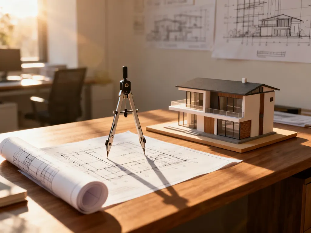 Biurko architekta z planami, cyrklem i modelem domu, ilustrujące proces tworzenia projektu budowlanego.